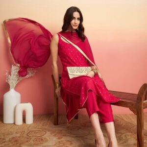 Sangria - Embroidered Shoulder Straps Straight Kurta With Trousers & Dupatta