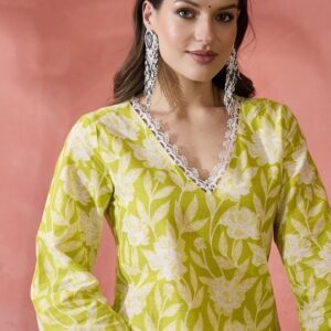 Sangria - Black Floral Printed V-Neck Thread Work Pure Cotton Straight Kurta