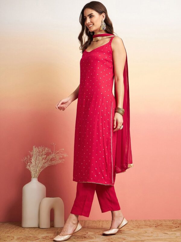 Sangria - Embroidered Shoulder Straps Straight Kurta With Trousers & Dupatta - Image 3
